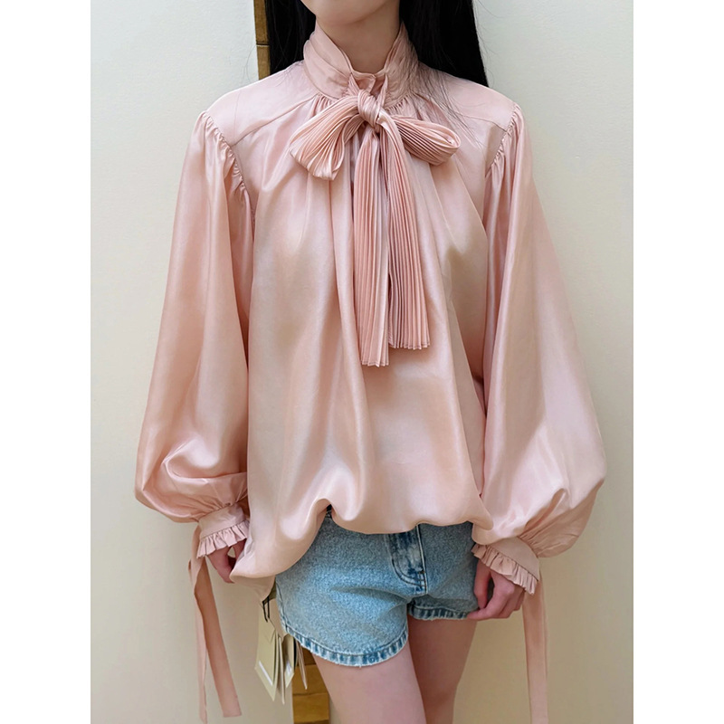 French-Style Light Luxury Stand Collar Pleated Loose Shirt with Autumn Trendy Age-Reducing Lace-Up Lantern Sleeves Mid-Length Blouse
