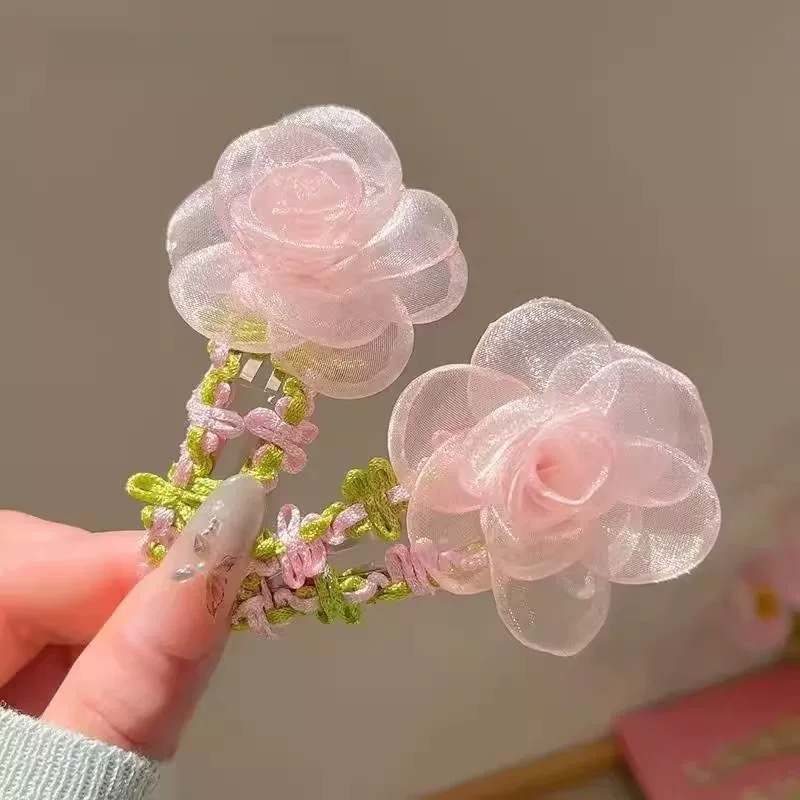 45# pink mesh rose flower hair clips [pair]