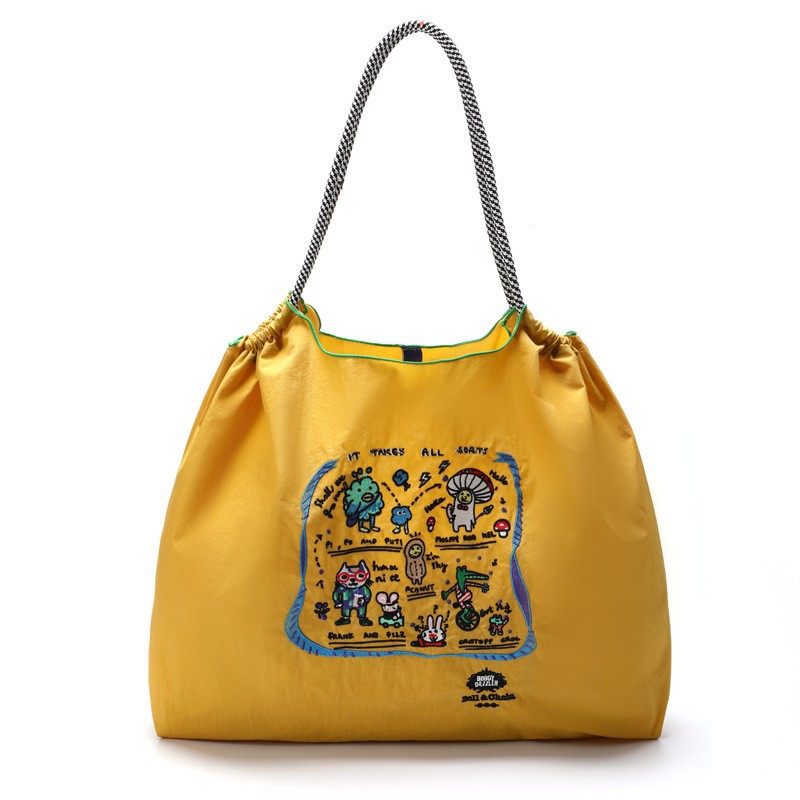 Bolsa de compras ecológica de cadena de bolas casera japonesa, bolsa de lona portátil bordada de tela de nailon, bolsa de compras de nailon