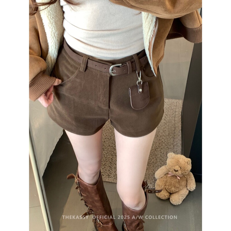 Plus-Size Brown Woolen Shorts for Women, Autumn and Winter Thickened Slimming High-Waisted Woolen Boot Shorts, Korean Style Slim Straight Three-Point Shorts