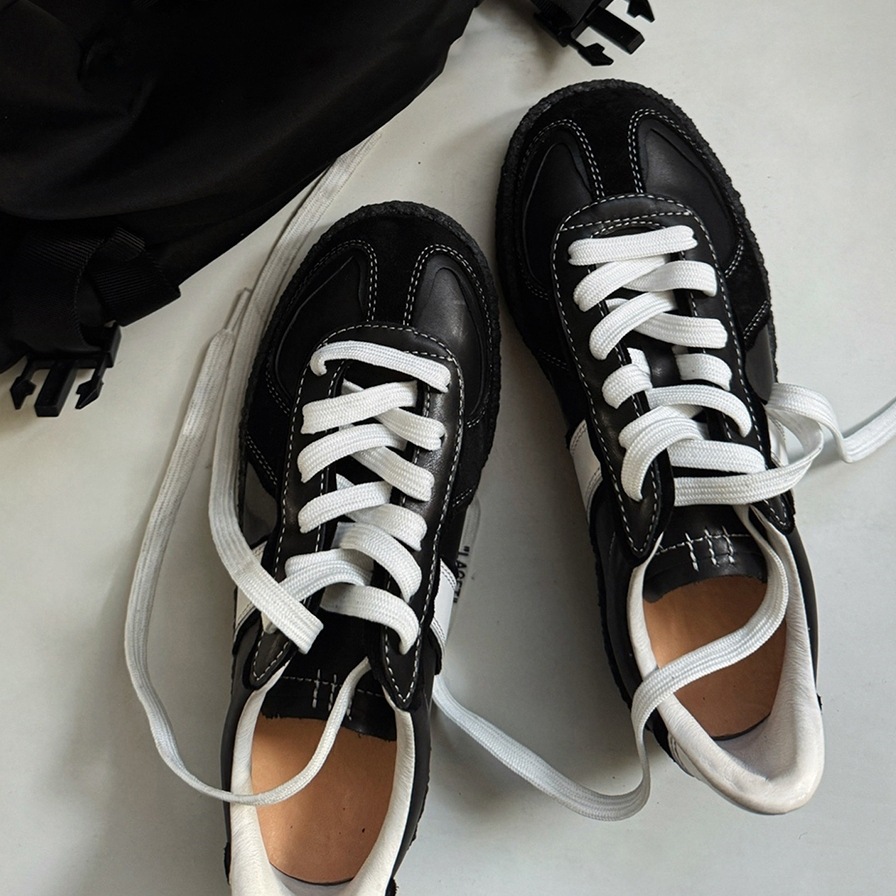 niche zwarte Duitse training voor dames, dikke zool ronde neus veter leren sport- en vrijetijdsschoenen,_voghion.com