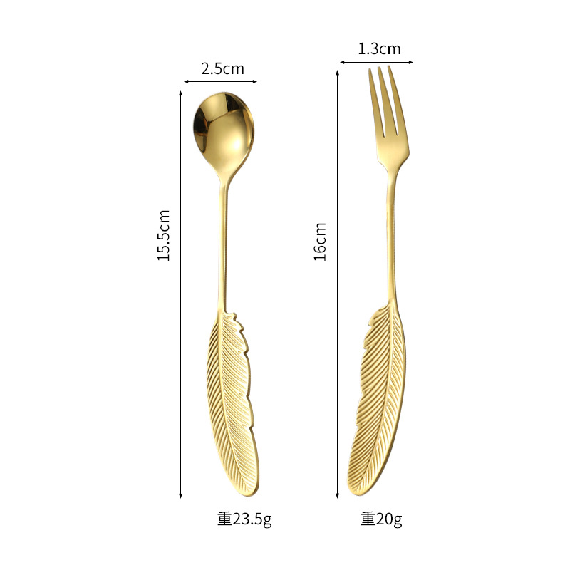 Creativo chapado en oro de color 304 de acero inoxidable de plumas cuchara de pastel cuchara de postre Tenedor de fruta cuchara de café cuchara de agitación