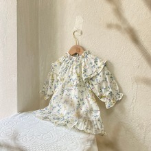 童装女童春款款田园立领荷叶边长袖连衣裙小女孩女宝宝公主裙长裙