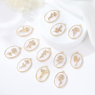 Zhongxing diy Pendant Oval Fritillaria 12 Four Seasons Flowers Pendant 14K Gold Necklace Bracelet Earrings parts