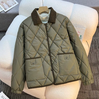 2025冬季新款菱形格棉服短款宽松翻领棉衣百搭韩版小香风女外套