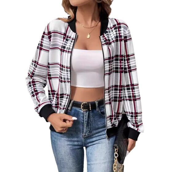 Autumn 2024 New Jacket European and American Women's Plaid Printing Long Sleeve Zipper Jacket Street Fashion WL009