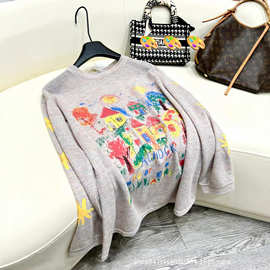 手绘涂鸦防晒AC罩衫针织衫上衣女复古彩色打底透气花纱长袖T恤