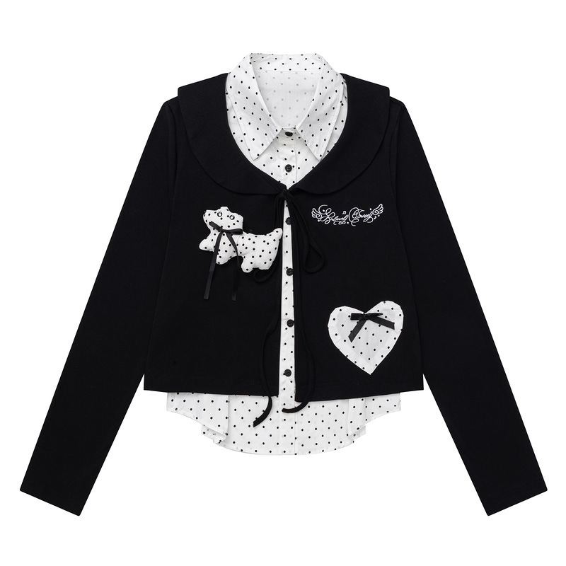 Polka Dot Shirt Two-Piece Set, Black Doll Collar, College Student Cardigan, 3D Puppy Heart Bow Sweet Girl Top Polka Dot Shirt Two-Piece Set, Black Doll Collar, College Student Cardigan, 3D Puppy Heart Bow Sweet Girl Top