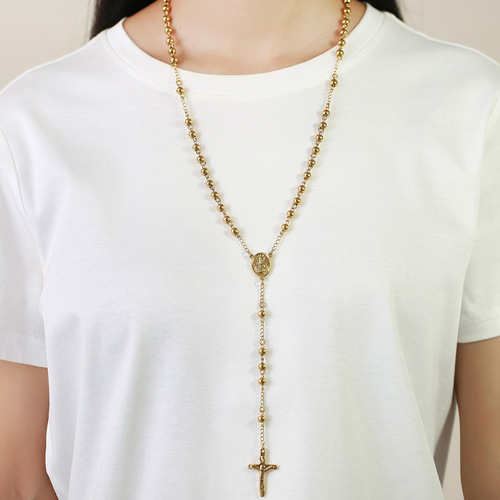 Small jewelry wholesale titanium steel gold cross pendant long necklace bead chain sweater chain NC-057