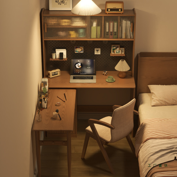 Solid Wood Corner Desk Bookshelf Integrated Bedroom Corner Bookcase Wall-Mounted L-Shaped Rotating Foldableing Study Computer Table