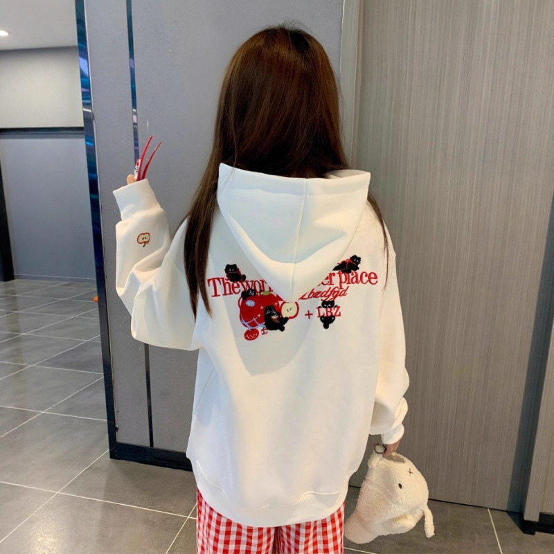 Apple Kitty Embroidered Hooded Sweatshirt for Women 2025 Summer New American Style Heavy-Duty Pure Cotton National Trend Brand Slimming Top Apple Kitty Embroidered Hooded Sweatshirt for Women 2025 Summer New American Style Heavy-Duty Pure Cotton National Trend Brand Slimming Top