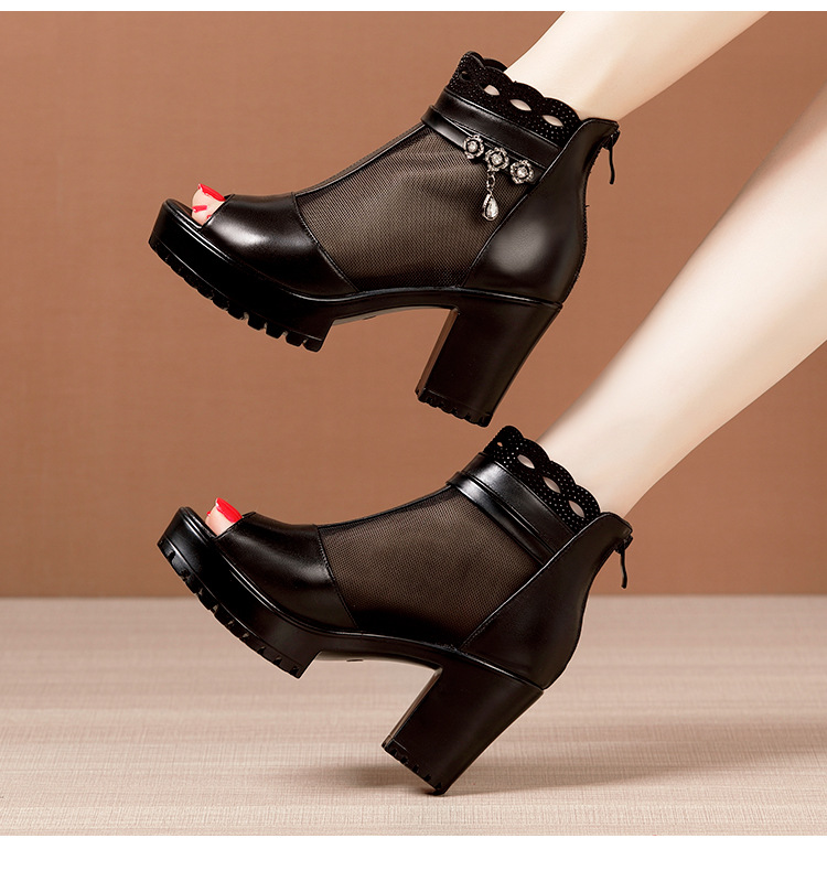 Sandal lưới hở mũi gót thô nữ đế mềm gót 8 cm — Màu đen 8 cm, Màu đen 6 cm chi tiết 15
