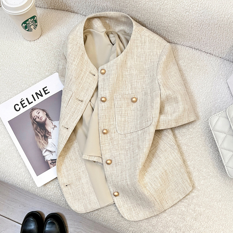 Beige Short-Sleeve Chanel-Style Blazer for Women, 2026 Summer New Model, High-End Elegant Versatile Commuter Jacket, Lightweight