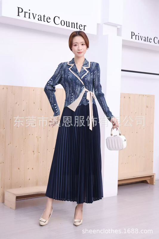 Miyaki新款轻奢西装领长袖气质绑带假两件大码褶皱连衣裙显瘦跨境|undefined