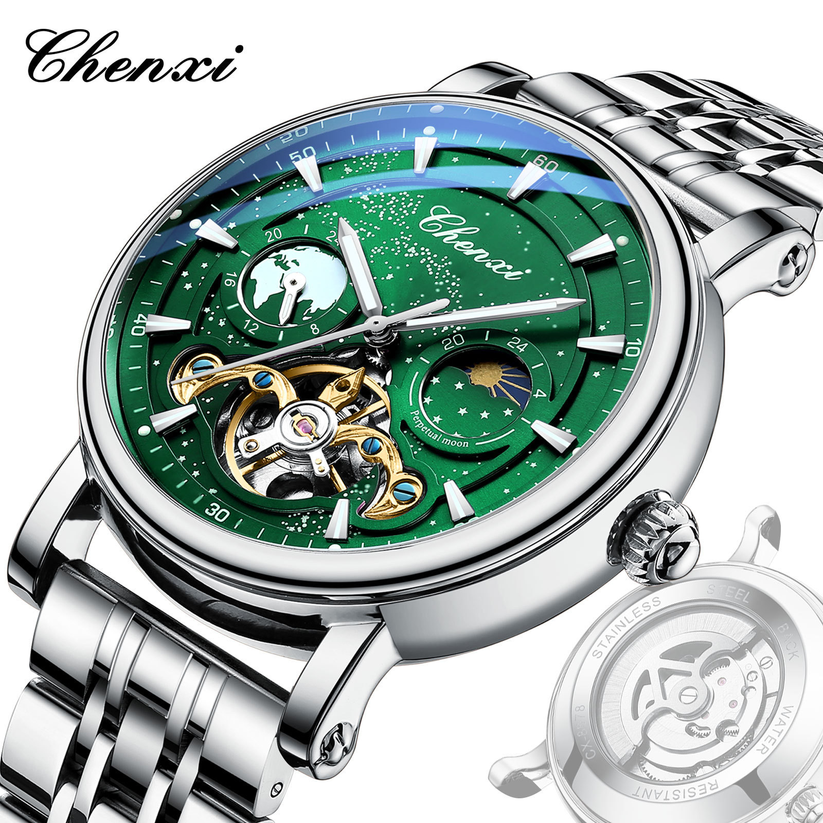 CHENXI reloj mecánico estilo explosivo Galaxy Moon fase hueca tourbillon reloj mecánico automático luminoso para hombre de negocios