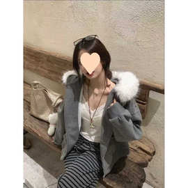 灰色大毛领毛呢外套女秋冬新款加绒加厚慵懒