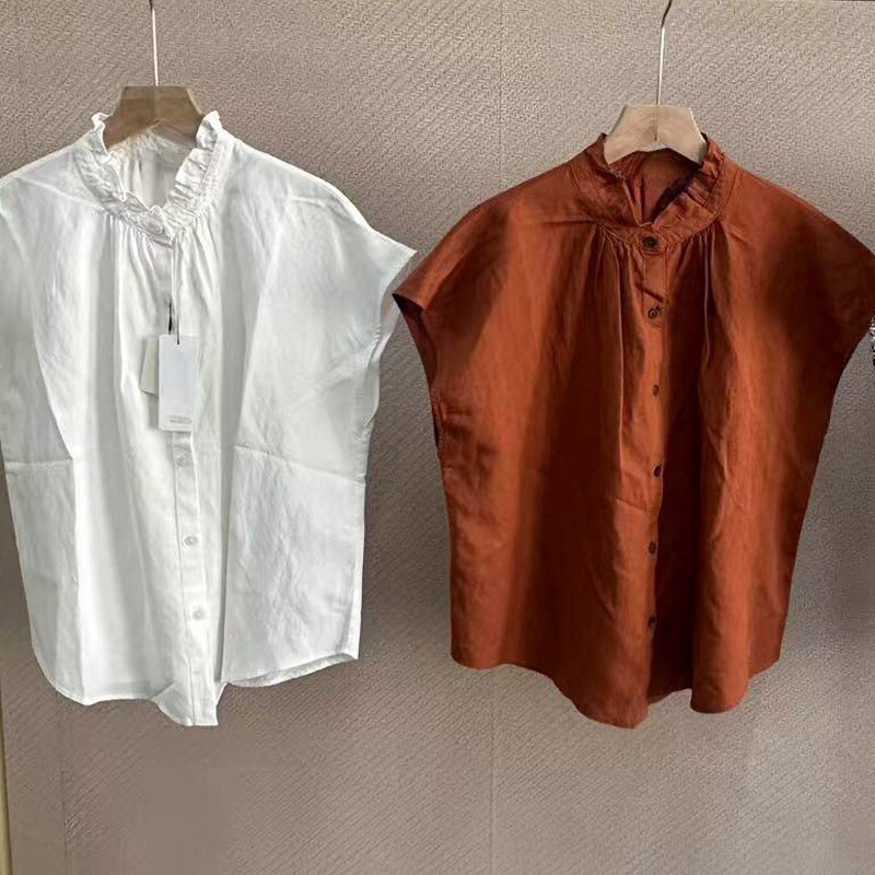 Japanese women's clothing 25 summer new linen blended ruffled shirt short sleeve shirt top 475720 477682