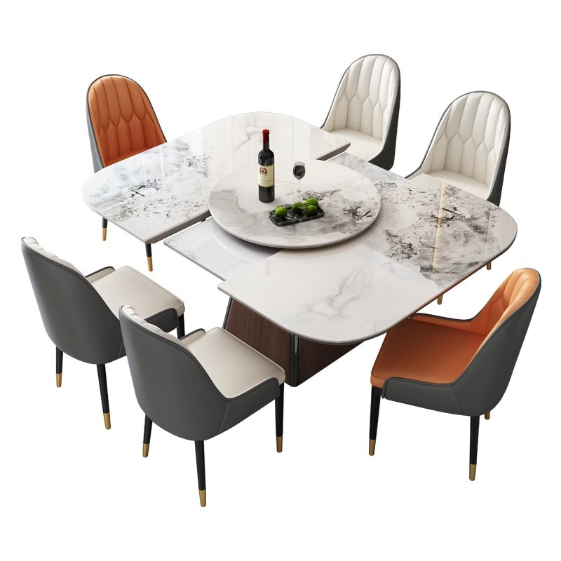 Mesa de comedor de tabla de roca de lujo ligera, tamaño rectangular y pequeño tipo de hogar, mesa de comedor de horno electromagnético telescópico de doble propósito, mesa cuadrada de deslizamiento