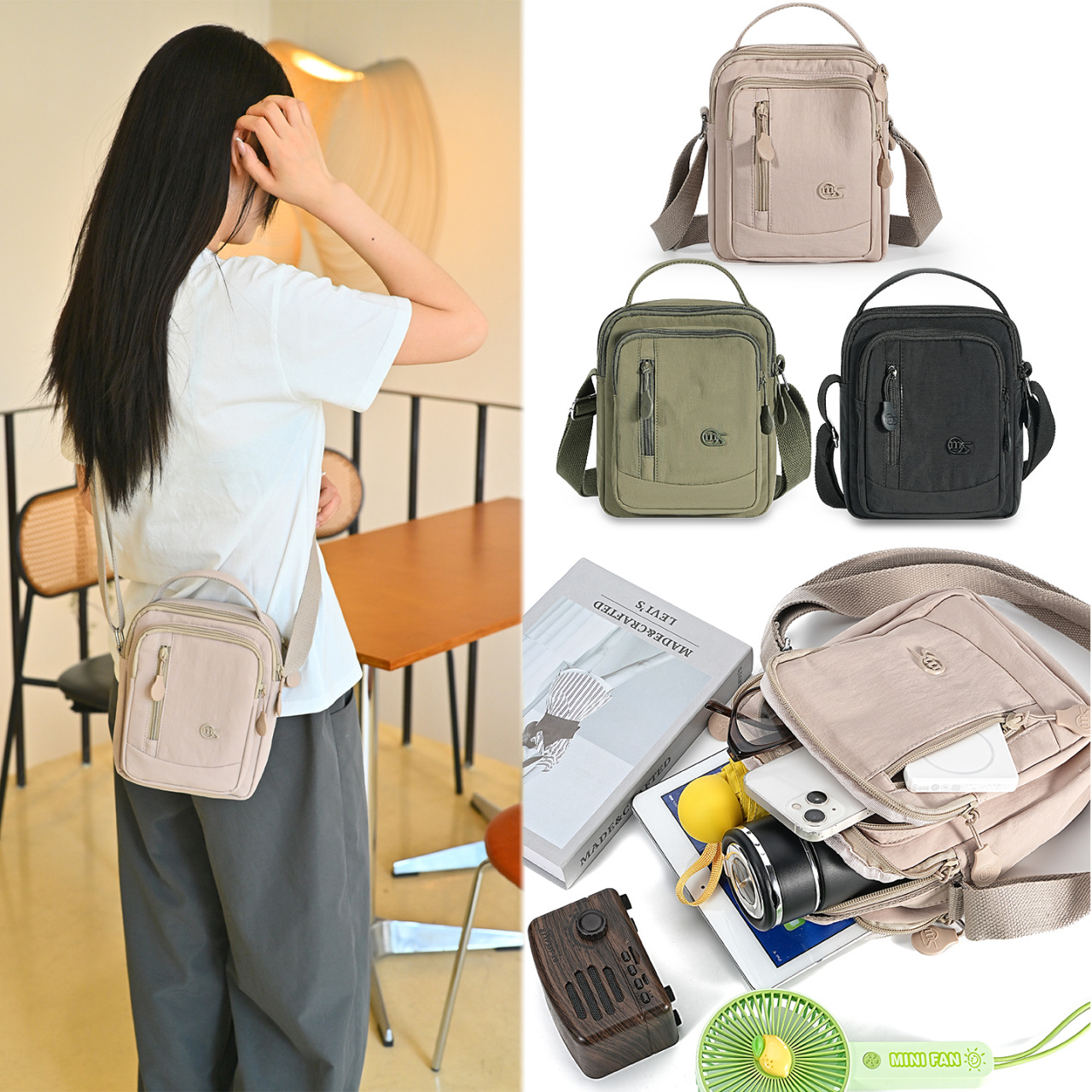 跨境防水尼龙布包男女同款多层相机包休闲轻便大容量单肩斜挎包包