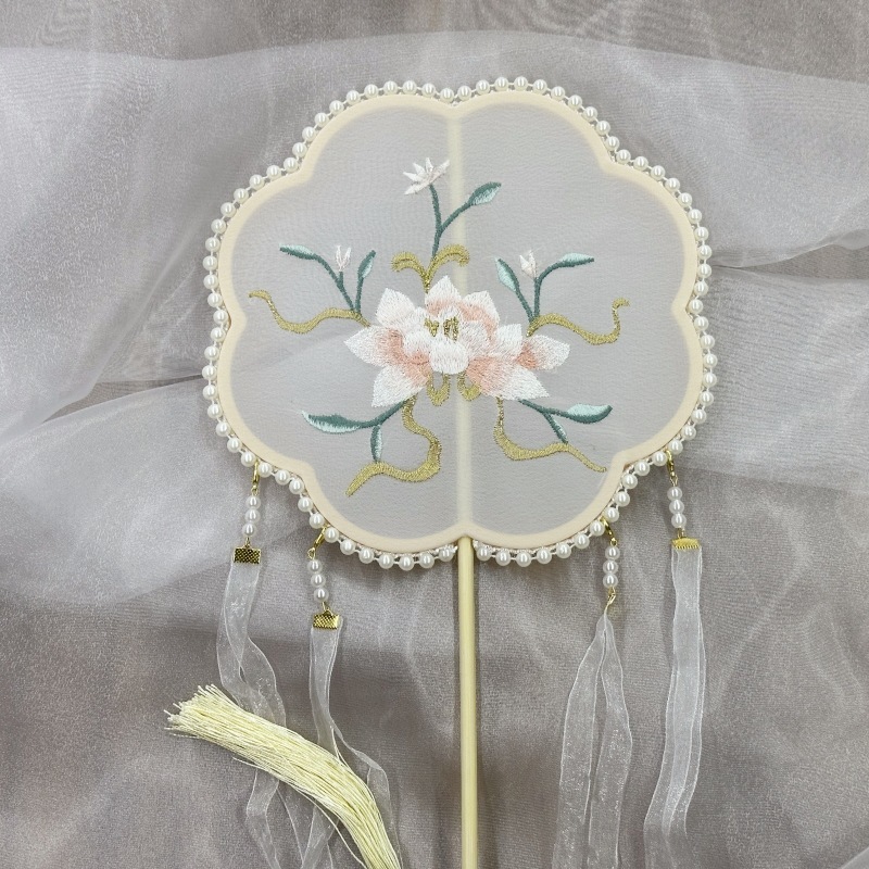真珠手作り扇子、刺繍扇子、古風丸型扇子、民族風刺繍扇子、古典舞踊扇子|undefined