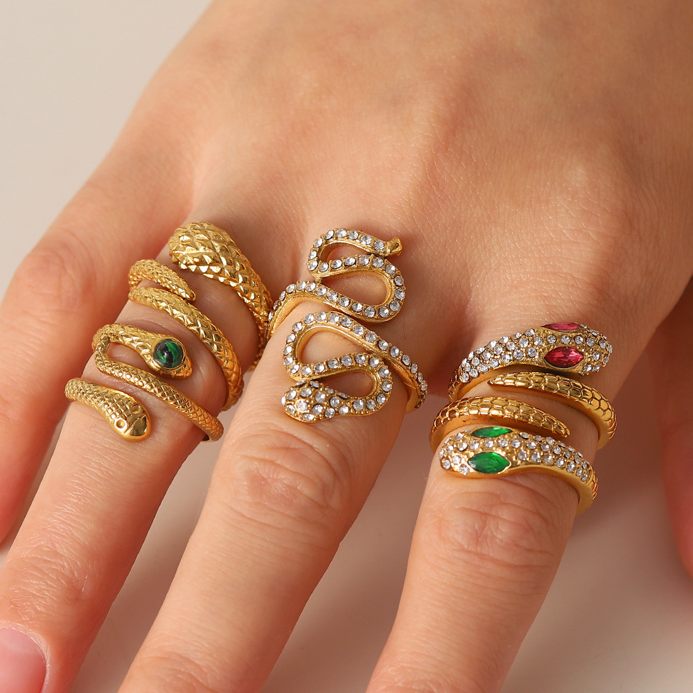 Vintage Style Snake Stainless Steel Plating Artificial Diamond Open Ring