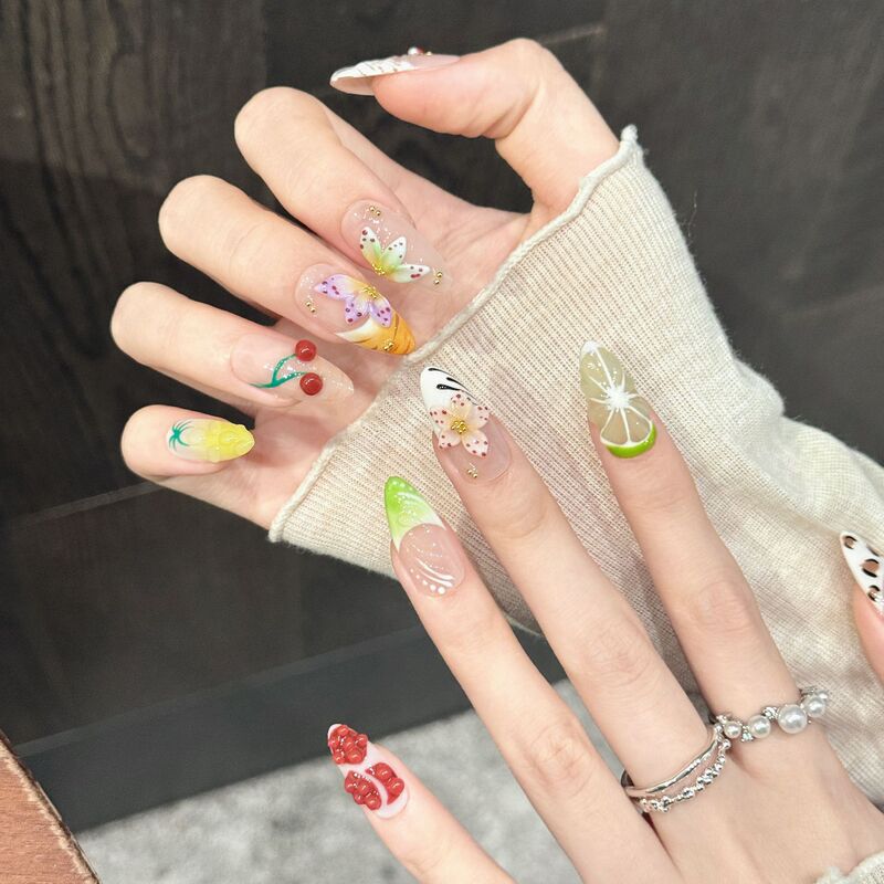 Rikaman【Fruity Summer】Hand-Painted Orange Cherry Ice Transparent Nail Stickers Summer Vitality Purely Handmade Wearable Nails Rikaman【Fruity Summer】Hand-Painted Orange Cherry Ice Transparent Nail Stickers Summer Vitality Purely Handmade Wearable Nails