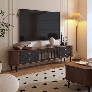French Retro Solid Wood TV Cabinet Walnut Plus Black American Style Living Room TV Cabinet Coffee Table Combination Floor Locker