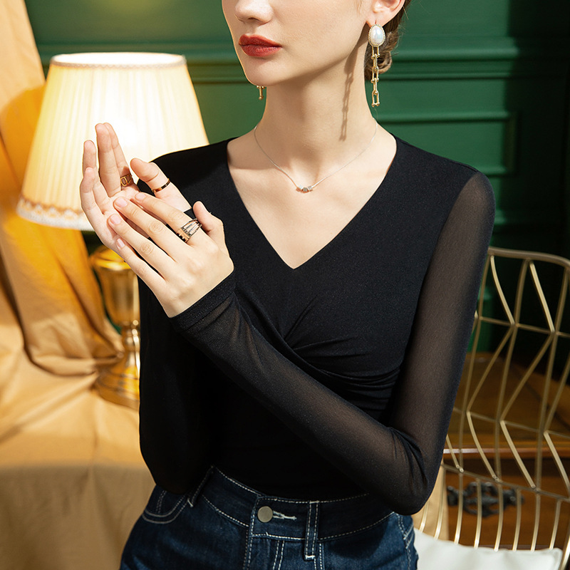 Women's Clothing New autumn V neck mesh bottoming shirt _voghion.com