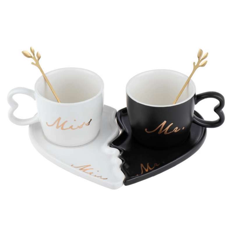Tazas de café transfronterizas populares para parejas, platos de regalo de restaurante casero, tazas de cerámica de lujo, platos en forma de corazón en blanco y negro