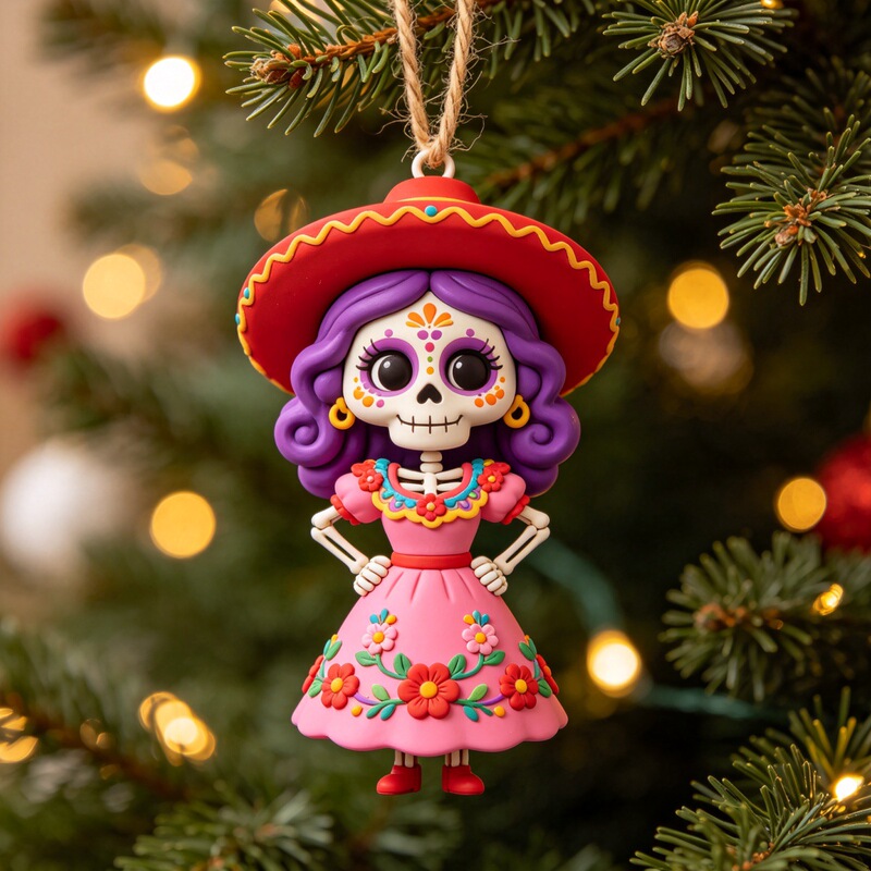Day of the Dead Skull Girl Flat Acrylic Ornament, Mexican Style Christmas Tree Decoration, Cross-Border Christmas Decoration