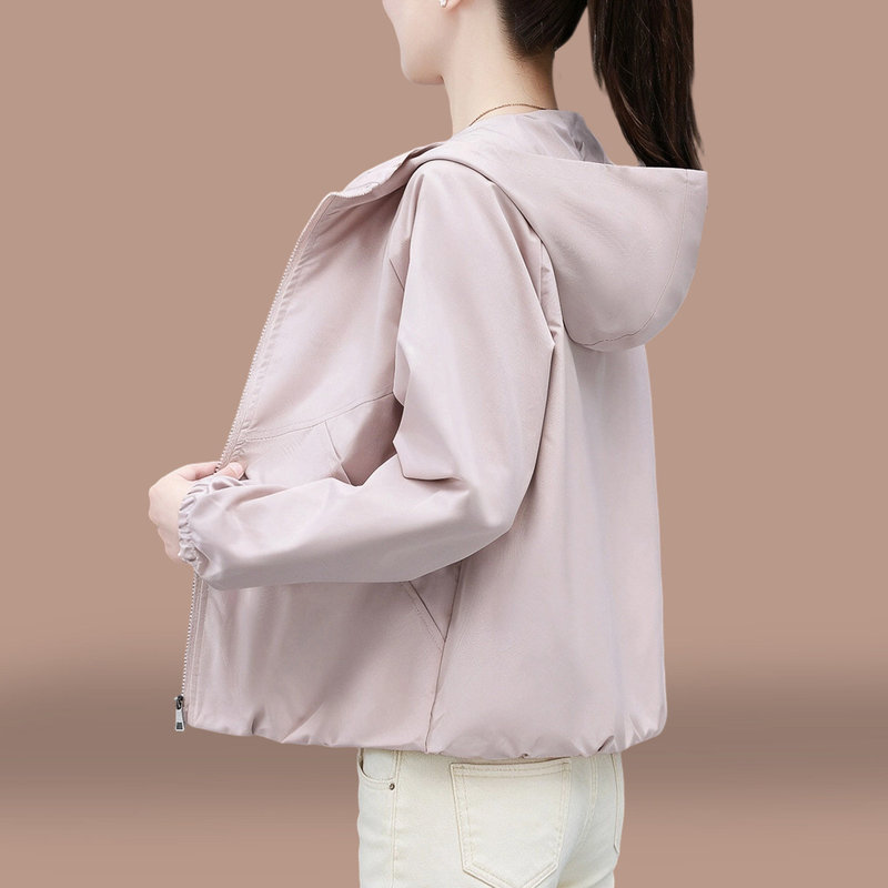 Women's hooded short coat, spring and autumn thin loose casual jacket, petite early autumn women's versatile windproof top