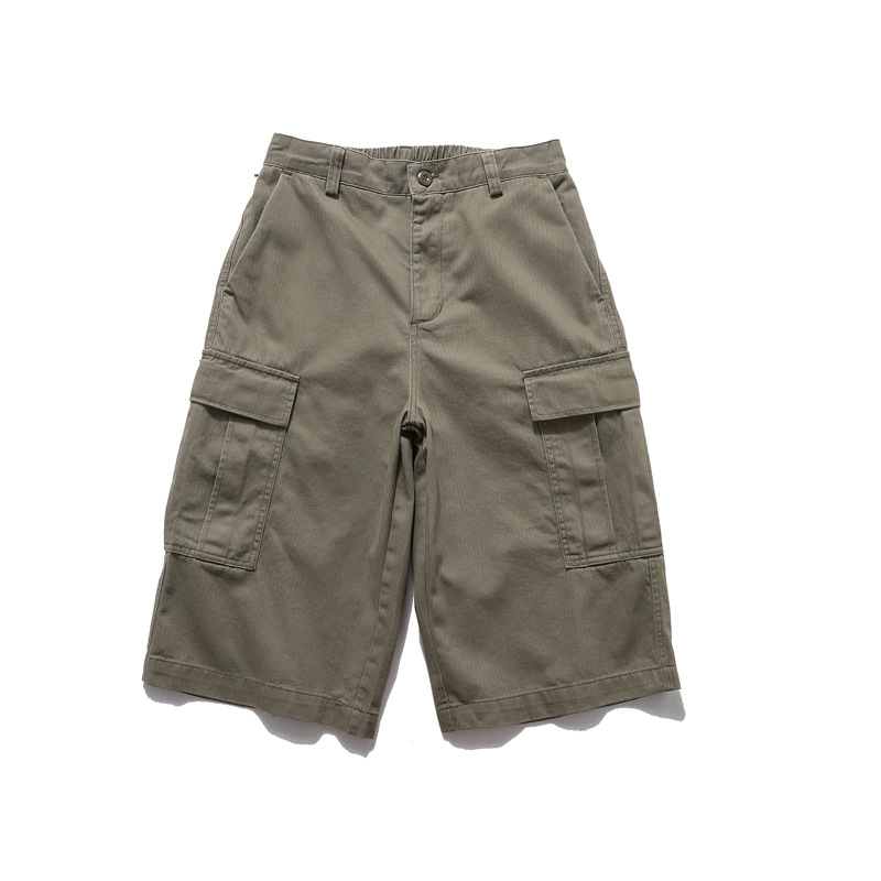 American Retro Multi-Pocket Cargo Shorts for Men, High Street Fashion Brand, Functional Large Pocket, Straight Loose Wide-Leg Cropped Pants