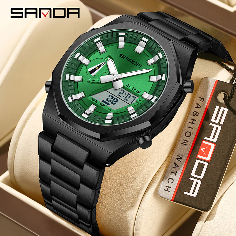 SANDA SANDA reloj electrónico sincronizado doble pantalla multifuncional reloj de hombre octogonal cuenta atrás reloj de pulsera de luz nocturna 3376