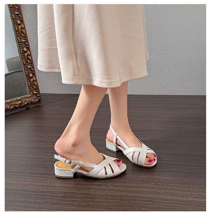 Giày sandal nữ kiểu La Mã quai ngang bít mũi, gót thô 3 cm — Màu trắng ngà chi tiết 12