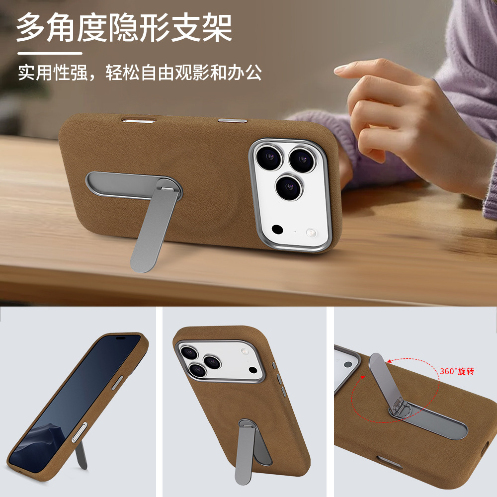 Ốp lưng iPhone 16/17 Pro da lộn từ tính có chân đứng ẩn — màu đen, nâu, màu xám, Kaki chi tiết 8