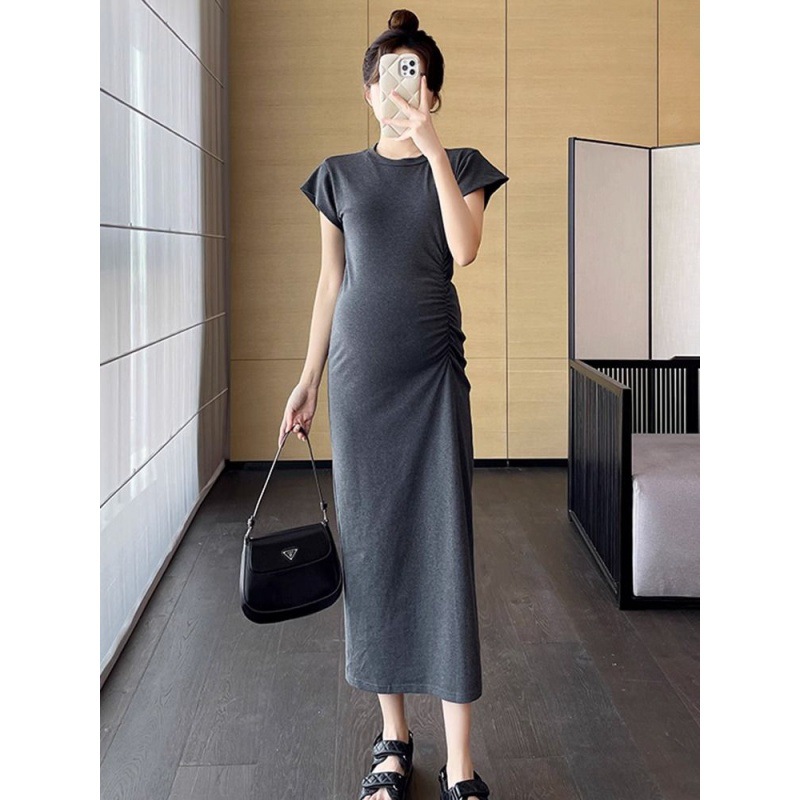 Maternity dress summer slimming new fashion stylish elastic pleated long dress, hides fat trendy maternity summer dress