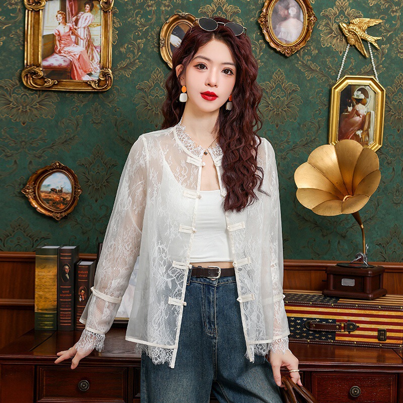 High-Quality Elegant Sun Protection Clothing Summer Fashion Chinese Style Thin Casual Organza Lace Sexy Jacket Shirt