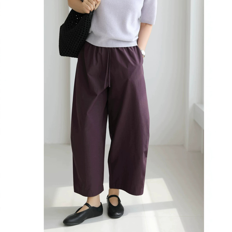 Leisurely Pleasure Minimalist Commuting Style High-Waisted Tie-Belt Balloon Pants Relaxed Solid Color Slimming Cropped Pants