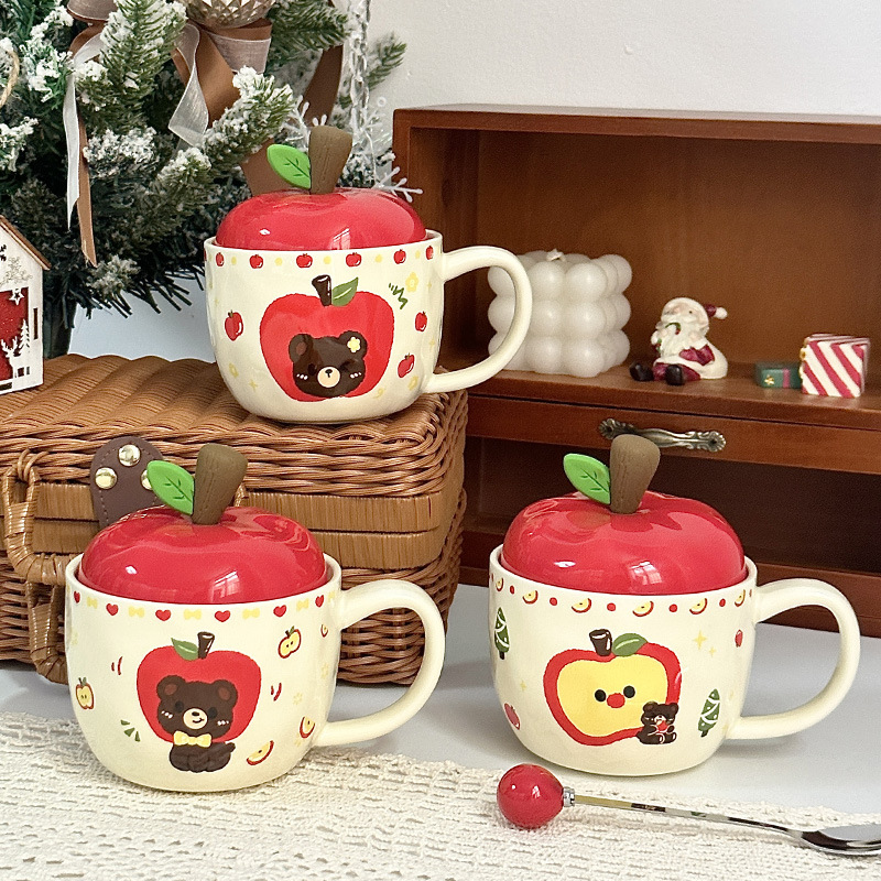 Taza de cerámica de manzana creativa Taza con tapa Regalo de cumpleaños Taza de bebida para niñas Taza retro con regalo festivo