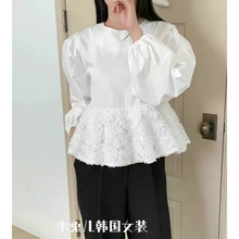 2025韩国东大门代购秋装女装新款系扣圆领甜美纯色波点拼接衬衫