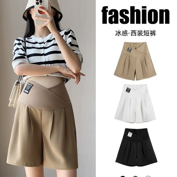 Maternity Pants for Summer, Thin Style for Early Pregnancy, Large Size, Low-Waist, Suit-Style, Five-Point Wide-Leg Shorts, Summer Wear Maternity Pants for Summer, Thin Style for Early Pregnancy, Large Size, Low-Waist, Suit-Style, Five-Point Wide-Leg Shorts, Summer Wear