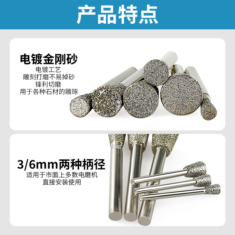 Galvanoplastia Emery cabeza de molienda amoladora eléctrica de talla pin Varilla de piedra de granito letras oblicuo cono de molienda Varilla de molienda de cabeza