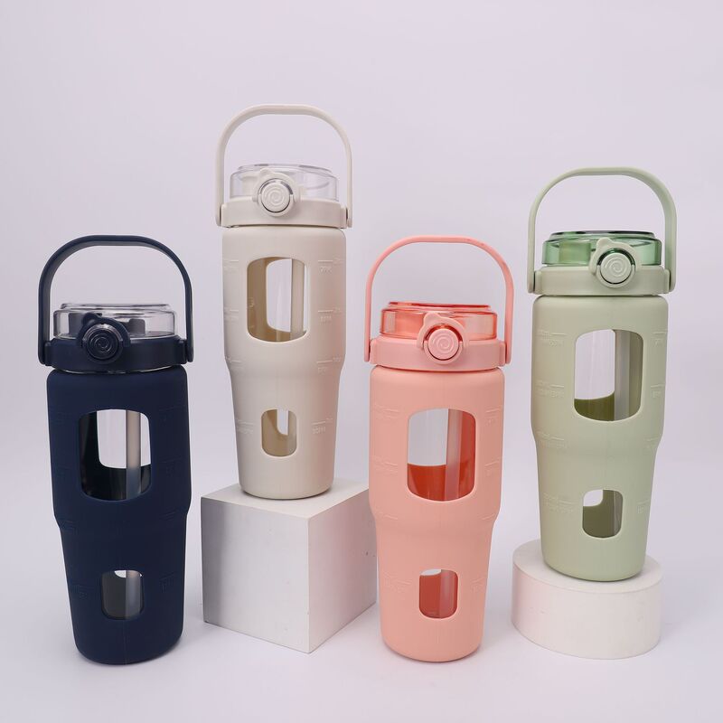 Cross-Border Heat-Resistant New Car-Mounted 32oz Large-Capacity High Borosilicate Glass Straw Cup with Silicone Cover and Handle Wholesale