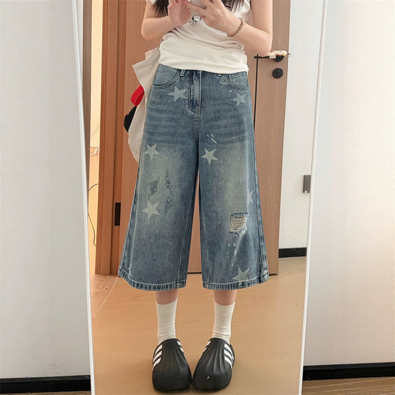 American-Style Ripped Star-Patterned Wide-Leg Cropped Jeans for Women, Summer New Style, Plus-Size Loose Fit, Slimming Straight Pants