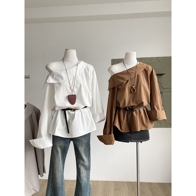 【Autumn New Arrival】尽情美丽尽情装扮自己#斜肩纯色收腰衬衫|undefined