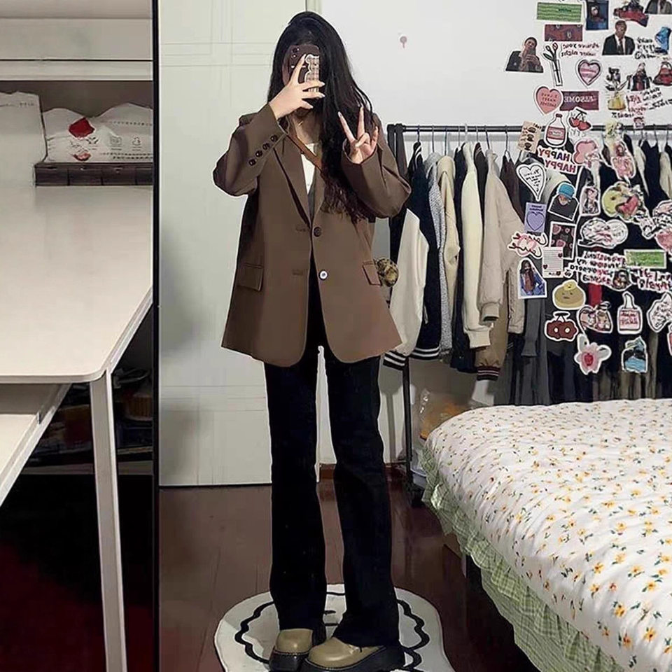 Áo vest nữ dáng rộng cổ vest tay dài phong cách thanh lịch — Màu cà phê, đen