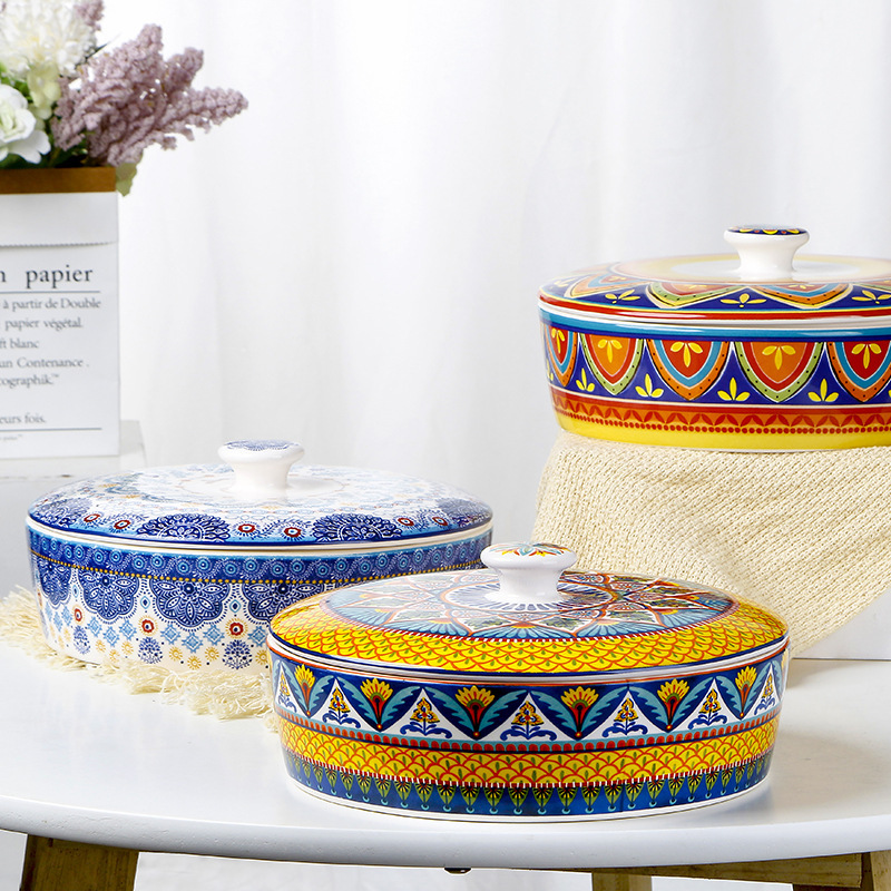 European and American Guest Ceramic Bowl with Cover Creative Vintage Hand-painted Soup Bowl Household Fruit Bowl Dried Fruit Box Personalized Snack Storage