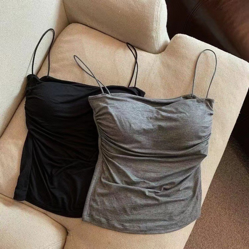 Trendy Pleated Solid Color Camisole Slim Fit Integrated Beautiful Back Fixed Cup with Chest Pad Innerwear for Women