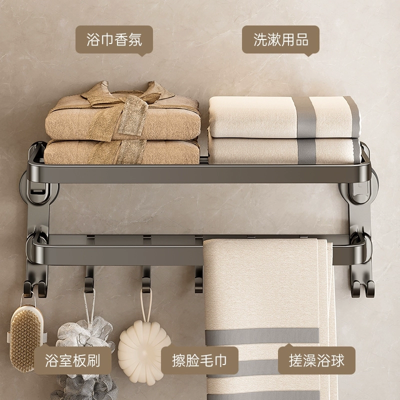 Wall-mounted bathroom towel rack with hooks, rod, and suction cup options for versatile storage
