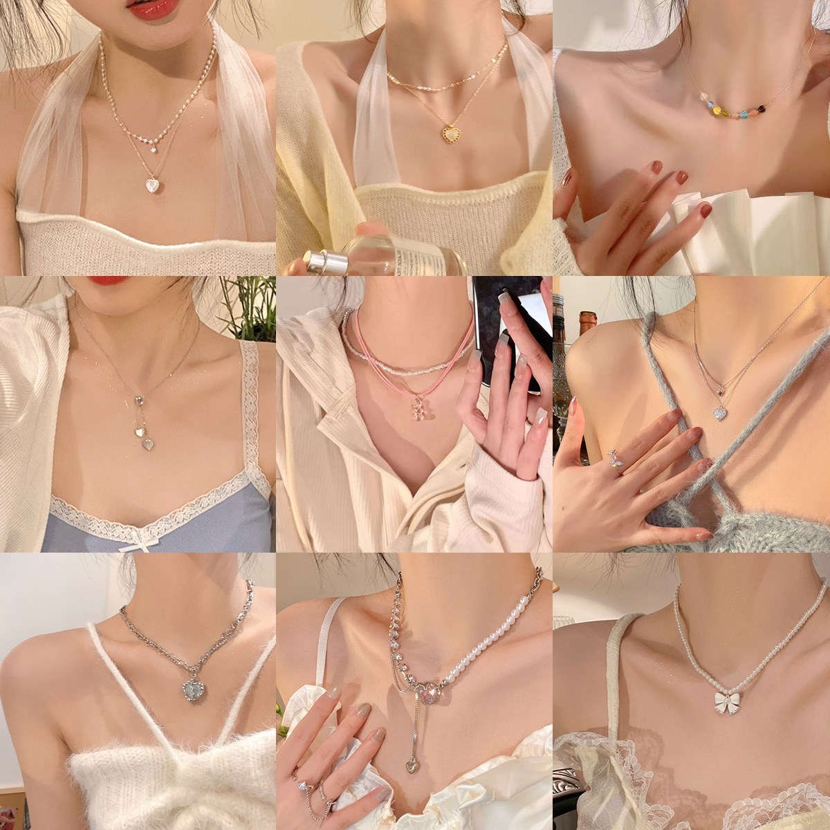 2022年双层拼接锆石珍珠爱心项链女小众设计感气质甜美珍珠锁骨链